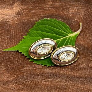 Vintage Givenchy Oval Crystal Clip Earrings Gold Silver Tone Designer